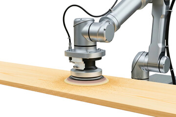 Industrial robotic arm sanding the surface of light wooden plank on a transparent background