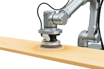 Industrial robotic arm sanding the surface of light wooden plank on a transparent background