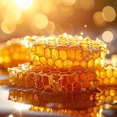 Honeycomb segments stacked, golden hue, reflecting light