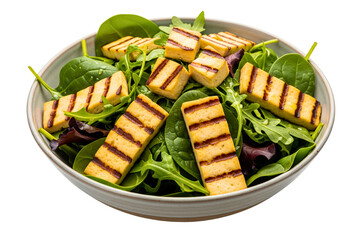 Bowl of fresh green salad leaves topped with grilled tofu on a transparent background