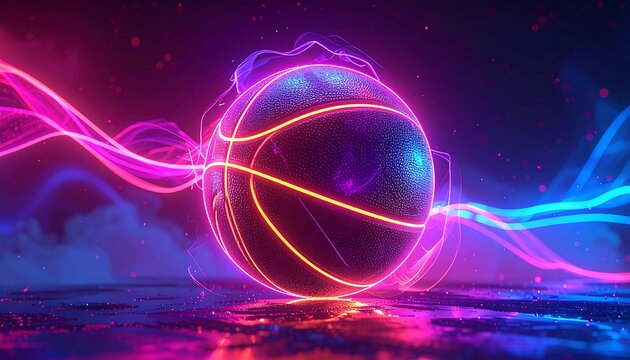 Neon basketball with vibrant pink and blue light streams on a reflective surface