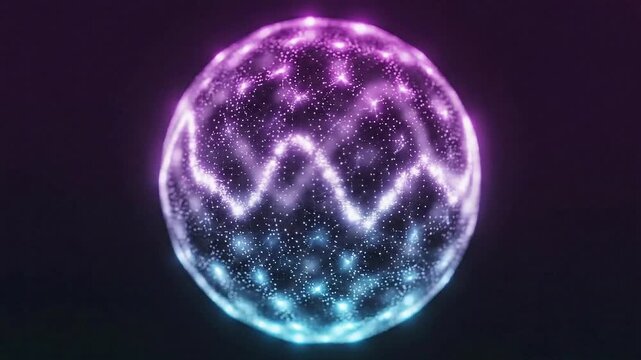 Abstract Glowing Sphere with Wave Pattern in Neon Purple and Blue Light Against Dark Background