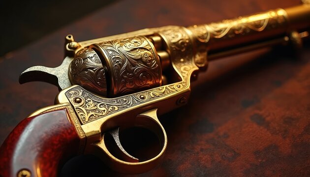 Ornate gold revolver gun with detailed carvings and red handle. Antique firearm, western style, luxury collectible. This handgun shows fine metalwork and craftsmanship.