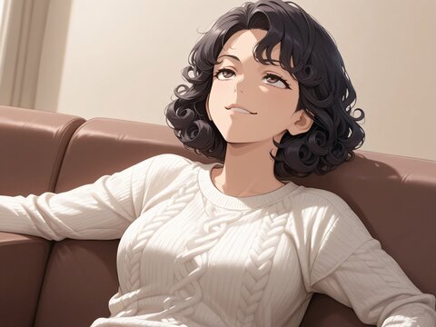 女性　黒髪　ショートヘアー　癖っ毛　ニヤついている　ニットを着ている　室内　ソファの上