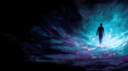 Fototapeta premium Abstract Silhouette of a Man Standing Before a Luminous Blue Digital Portal
