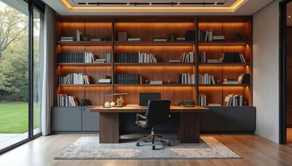 Modern home office with built-in wooden bookshelves filled with books. Spacious desk with laptop, chair faces large window overlooking green lawn, trees. Ambient lighting highlights shelves creating