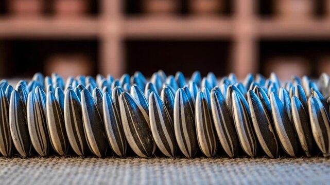 Close-up of metal washers lined up on a textured surface