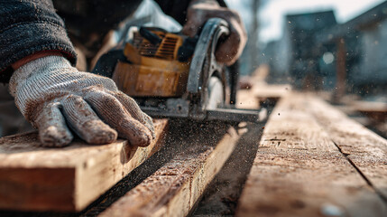 Close-up of a person cutting wood with a circular saw at a construction site