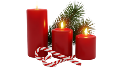 Three lit red candles isolated on transparent background