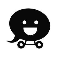 Black speech bubble character with wheels and happy face white chat