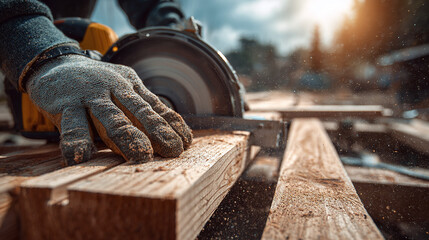 A carpenter using a circular saw to cut a wooden plank