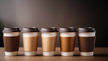 a lineup of coffee delight five takeaway coffee cups stand in a row each adorned with a dark lid and a cardboard sleeve a celebration of the simple pleasures of everyday life