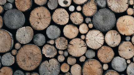 A collection of neatly arranged logs, a rustic scene filled with texture and warmth. Each log displays unique rings and patterns