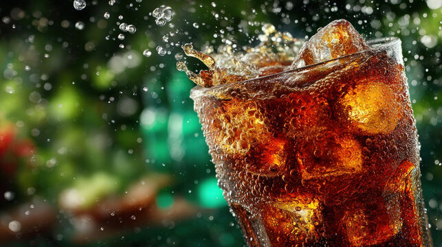 Soft drink bubbles fizzing in a glass