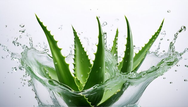 aloe vera plant vibrant green leaves water splash transparent liquid white background