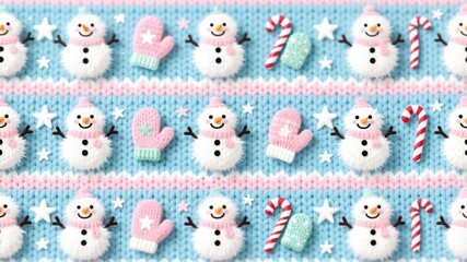 Seamless pastel knit pattern with snowmen mittens candies