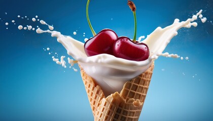 fresh cherries with creamy splash in waffle cone creative summer dessert idea combining fruit dairy freshness and modern gourmet design concept