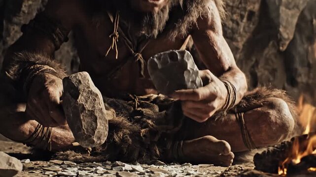 Caveman making stone tool with rock next to burning fire. Primitive man crafting ancient weapon for survival. Paleolithic era skill.