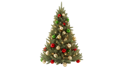 Christmas tree isolated on transparent background with ornaments