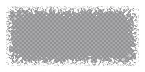 Winter snowflake frame with transparent center, featuring decorative white frosty border and falling snow on a checkered background, perfect for Christmas photo overlays, greeting cards.