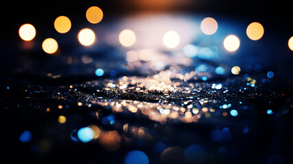 Blue and Gold Glitter Background with Festive Bokeh Lights. Luxury Blue Gold Abstract Glitter Background with Sparkling Bokeh Lights and Shimmer Texture