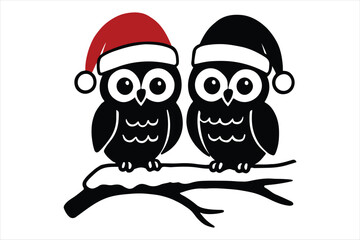 Fototapeta premium Two owls wearing santa hats on a branch