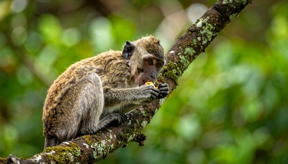Monkey sits on a lichen-covered branch, holding a fruit in its paws. Green foliage fills background