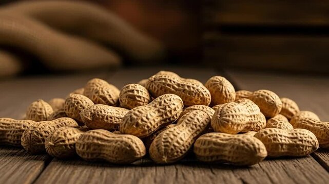 Close-up of Peanuts in Shells on Wooden Surface