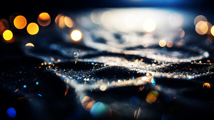 Blue and Gold Glitter Background with Festive Bokeh Lights. Luxury Blue Gold Abstract Glitter Background with Sparkling Bokeh Lights and Shimmer Texture