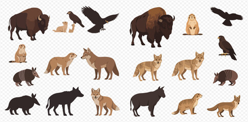 North American Wildlife Animals Set: Bison, Eagles, Prairie Dogs, Coyotes, and Badgers Illustrations.