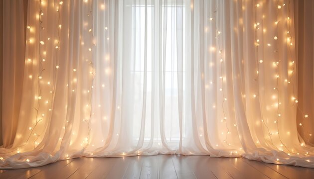 Sheer white curtains draped with warm fairy lights. Window in background lets in soft daylight. Wooden floor and cozy atmosphere create a romantic mood. Perfect for holiday decor.