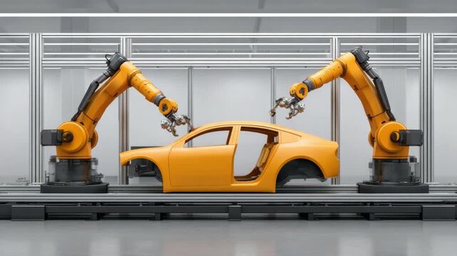 Robotic Arms Assembling Car Body in Modern Automotive Manufacturing Facility Background 4k video footage