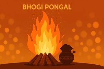 Bhogi pongal bonfire celebration with traditional pot