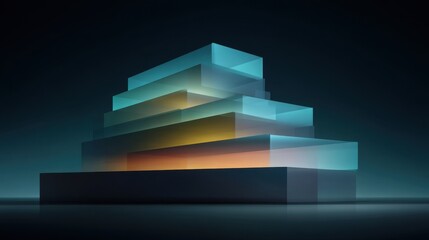 Abstract glowing layers of translucent colorful blocks in a pyramid shape against a dark background, creating a modern artistic composition