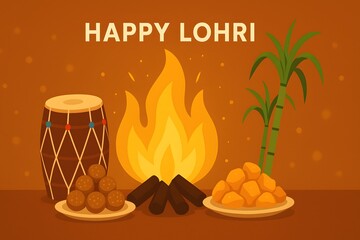 Happy lohri festival celebration with bonfire and traditional sweets