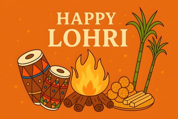Happy lohri festival celebration with bonfire and traditional elements