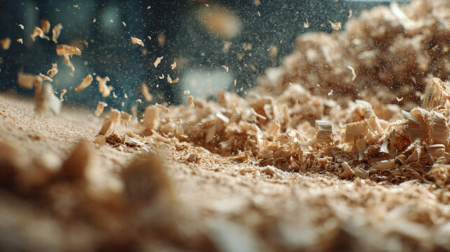 A close-up shot of wood shavings, creating a textured and dynamic display