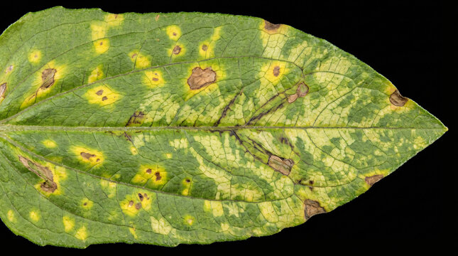 Zinnia Leaf Showing Symptoms of Systemic Viral Infection - chlorotic mosaic patterns, necrotic lesions, and vein-associated damage, indicative of systemic viral infection.