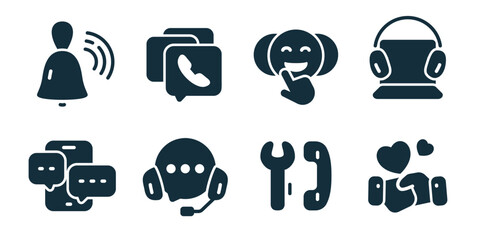 Customer service and communication tools excellent icon collection. Set of notification bell, call messages, positive feedback, support laptop, chat bubbles, call center agent, phone tools