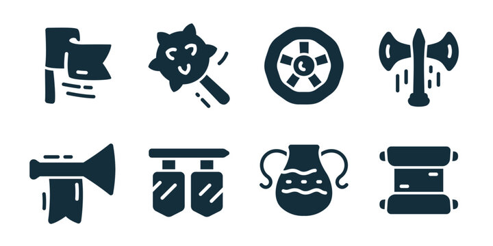 Medieval adventure equipment excellent icon collection. Set of flag, mace, wheel, axe, horn, trumpet, jug, and scroll icons