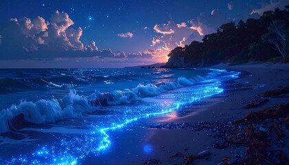 夜の浜辺に輝く青い海ほたる4