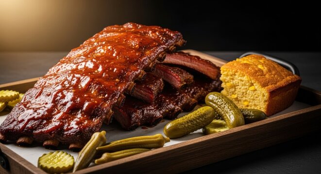 Delicious BBQ pork ribs served with pickles and cornbread on a wooden platter