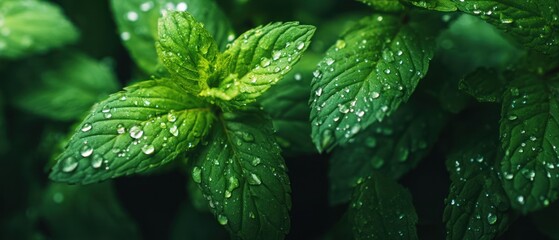 Closeup mint leaves dew drops