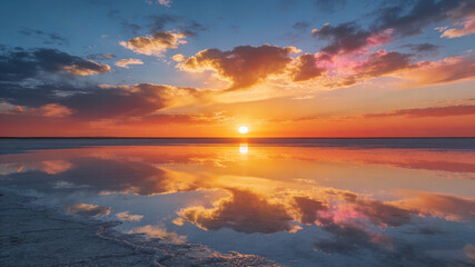 Fototapeta premium Salt flat mirror reflects sunset��s colorful sky