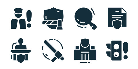 Law and security excellent icon collection. Set of police officer, shield barrier, search, secure document, courtroom, baton, courthouse, and alert icons