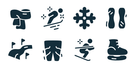 Winter sports and cold weather gear excellent icon collection. Set of scarf, snowboarder, snowflake, shoe insoles, mountain trail, winter pants, skier jump, and ice skate icons