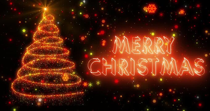 4K Glowing Christmas tree on an Heavy snow falls with Merry christmas text. Holiday Background with particles lights stars and snowflakes for Awards, Anniversary,New Year,Christmas, and Festival. 