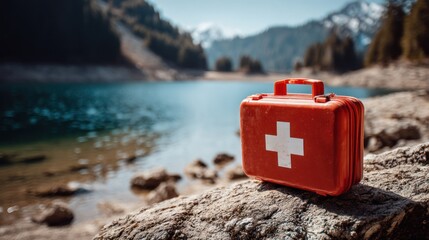 Red first aid kit by lakeside
