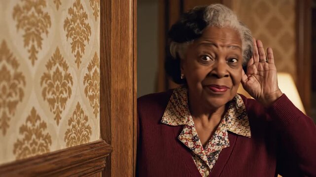 funny senior african american woman holding hand near ear to overhear conversation. curious lady eavesdropping behind door. hearing problem concept. humor, gossip.