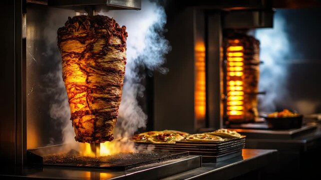 Close Up Of Shawarma Meat On Rotisserie With Pita Bread And Condiments On The Side In Dark Lighting